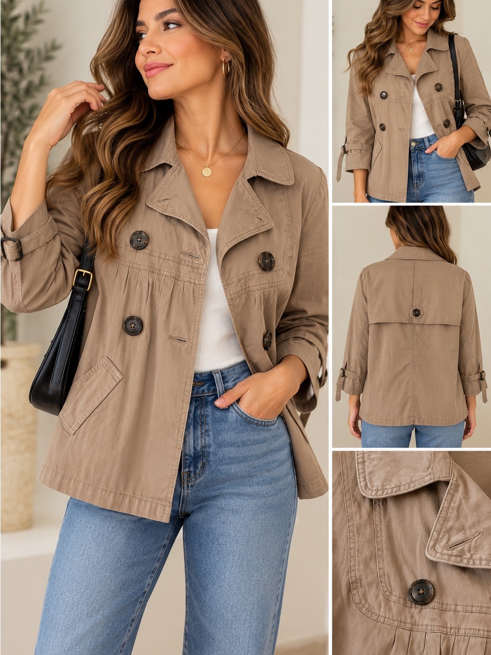 American Rag Women's Double-Breasted Short Trench Coat in Taupe
